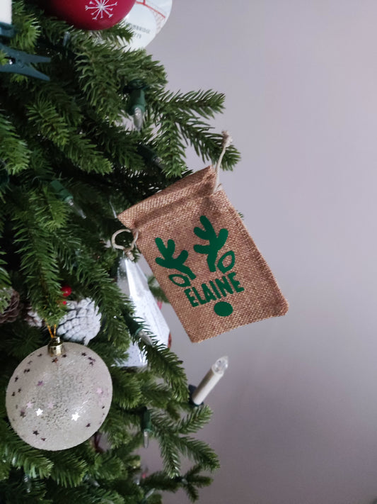 Personalised Small Hessian Christmas Gift Bag - Customised Reindeer Design, Unique Present