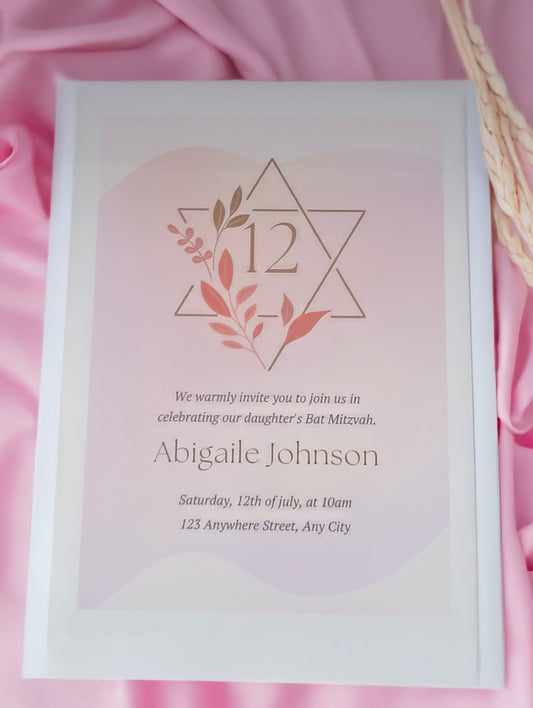 Pink Bat Mitzvah Card | Feminine Invitation | Modern Invite | Floral Design | Personalized - Set of ten