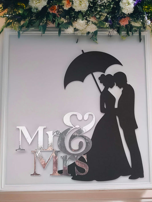 Mr & Mrs wedding card with bride and groom silhouette under an umbrella, personalized names.