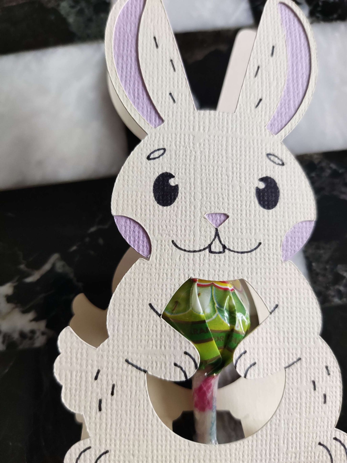 Bunny lollipop holder for Easter treats and table decoration.